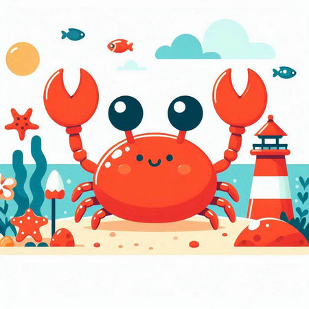 Cute cartoon crab on the seashore. Vector illustration.のイラスト素材