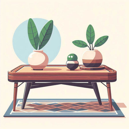 Illustration of a wooden table with a vase of plants.のイラスト素材