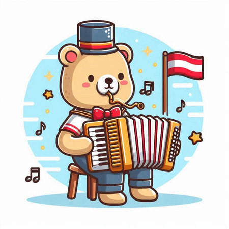 Cute bear with accordion and flag on the background. Vector illustration.のイラスト素材