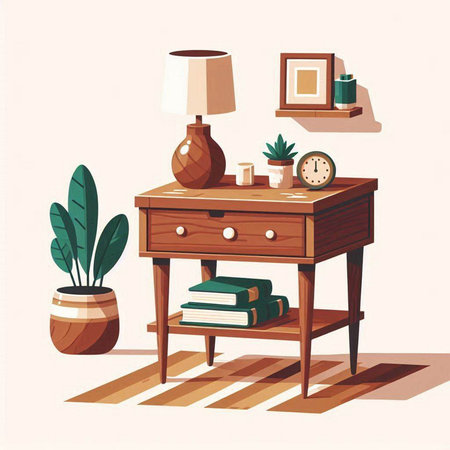 Vector illustration of a wooden nightstand with books, lamp and potted plantsのイラスト素材