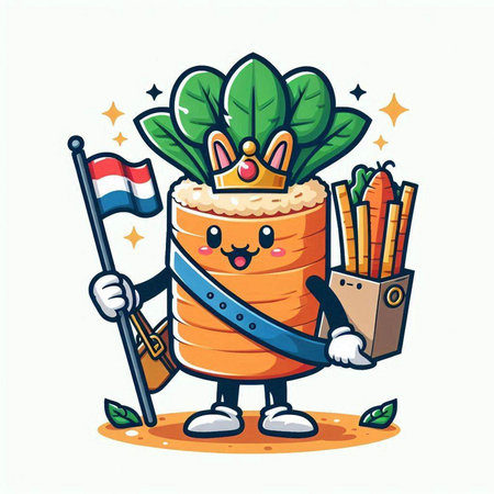 Cute carrot cake king cartoon character with flag and weapon. Vector illustrationのイラスト素材
