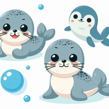 Seals and bubbles. Cute cartoon animals. Vector illustration.のイラスト素材