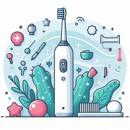 Electric toothbrush with toothpaste and dental floss. Vector illustrationのイラスト素材