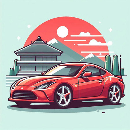 Vector illustration of a red car on the background of the Japanese templeのイラスト素材