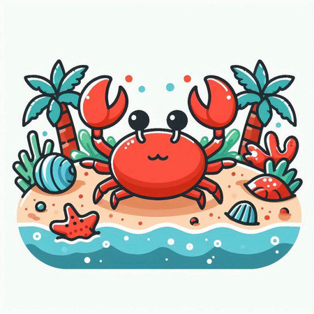 Cute crab on the seashore. Vector illustration in cartoon styleのイラスト素材