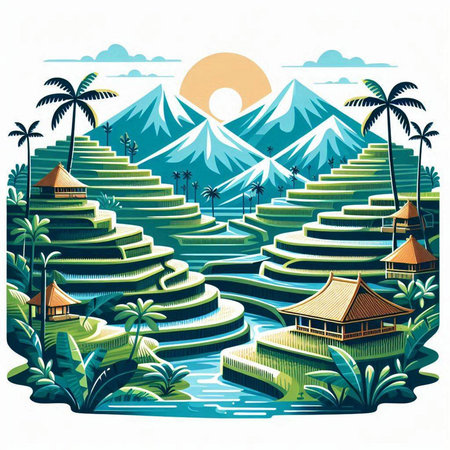 Vector illustration of a rice terraces and palm trees with sun.のイラスト素材