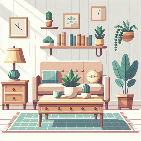 Living room interior with furniture and plants. Vector illustration in flat styleのイラスト素材