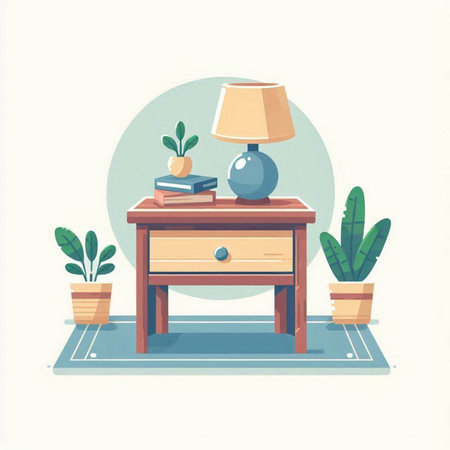 Illustration of nightstand with books, lamp and potted plantsのイラスト素材