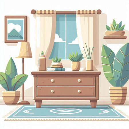 Living room interior with furniture and plants. Vector illustration in cartoon styleのイラスト素材