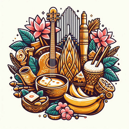 Vector illustration with traditional symbols of India. Colorful detailed, with lots of objects backgroundのイラスト素材