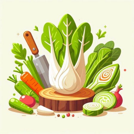 Vegetables and kitchen knife. Vector illustration in flat style.のイラスト素材