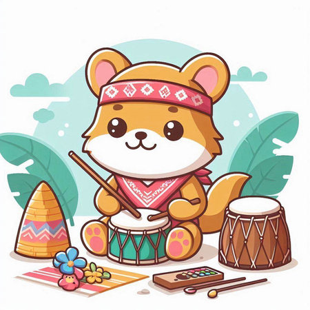 Cute cartoon chipmunk playing a drum. Vector illustration.のイラスト素材