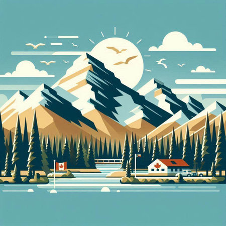 Mountains, forest and lake. Vector illustration in flat style.のイラスト素材