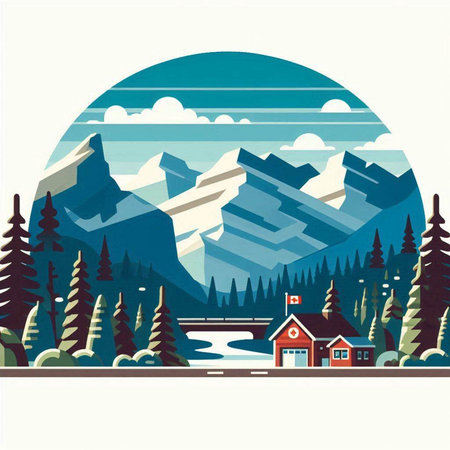 Vector illustration of a winter landscape with mountains, lake, forest, house, trees.のイラスト素材