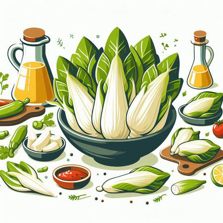 Vegetable salad in a bowl and ingredients. Vector illustration.のイラスト素材