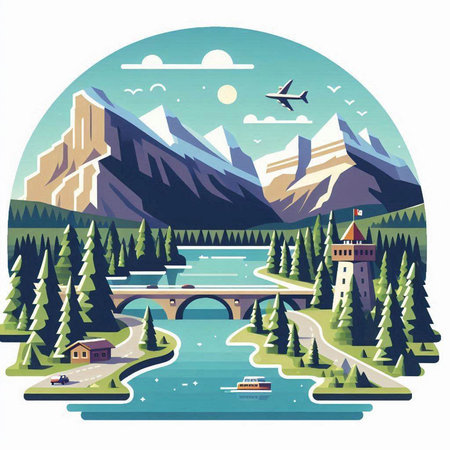 Mountain landscape with lake and bridge. Vector illustration in retro style.のイラスト素材