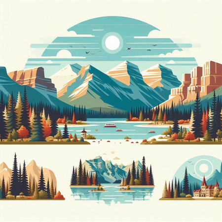 Mountains, lake, forest and lake. Vector illustration in retro styleのイラスト素材