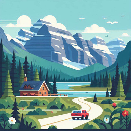 Landscape with mountains, forest and road. Flat style vector illustration.のイラスト素材