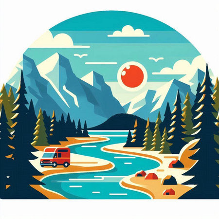 Summer landscape with a camper car and mountains. Vector illustration.のイラスト素材