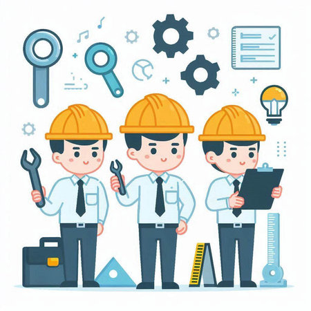 Engineer and engineer team with tools. Vector illustration in cartoon style.のイラスト素材