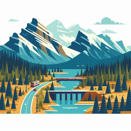 Mountain landscape with road, train and forest. Vector illustration.のイラスト素材