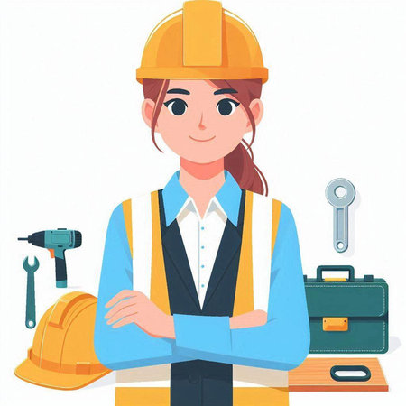 Female construction worker with helmet and tools. Vector illustration in cartoon style.のイラスト素材