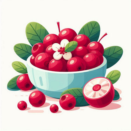 Cranberry in a bowl with leaves and berries. Vector illustration.のイラスト素材
