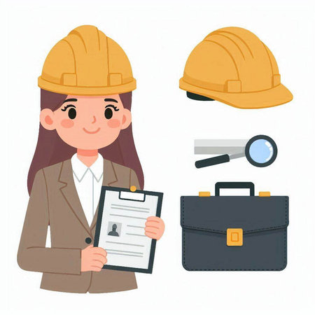 Female construction worker wearing safety helmet and holding clipboard. Vector illustration.のイラスト素材