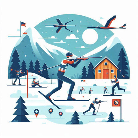 Winter sports. Skiing in the mountains. Flat vector illustration.のイラスト素材