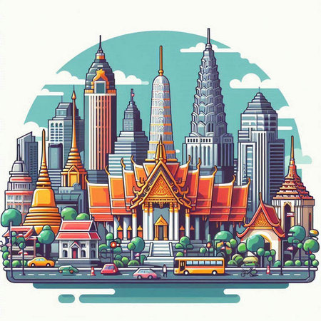Bangkok cityscape with famous landmarks. Vector illustration in retro style.のイラスト素材