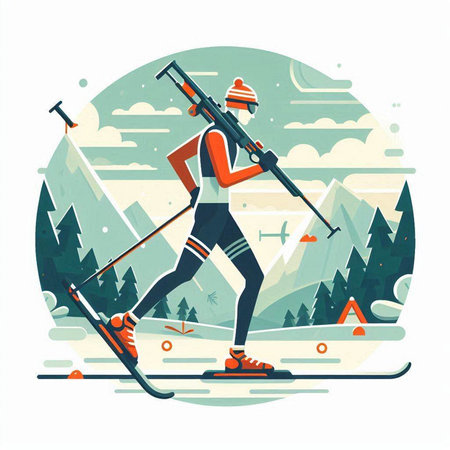 Cross-country skiing in the mountains. Flat style vector illustration.のイラスト素材