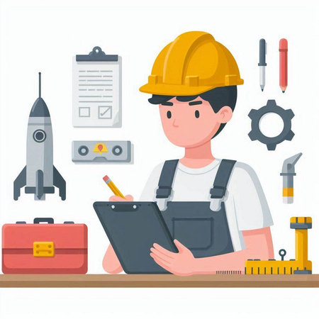 Engineer with a tablet and tools. Flat design vector illustration.のイラスト素材