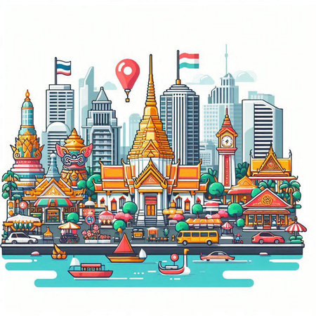 Bangkok, Thailand. Landmarks of Thailand. Vector illustration.のイラスト素材