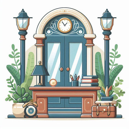 Vector illustration of the entrance to the house with a clock and booksのイラスト素材
