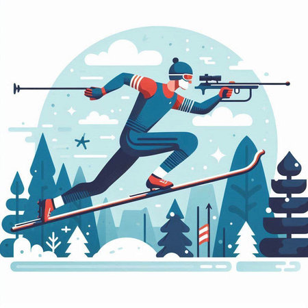 Skier skiing in winter forest. Winter sport activity. Vector illustration in flat styleのイラスト素材