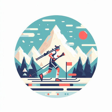 Skiing in the mountains. Vector illustration in flat style.のイラスト素材