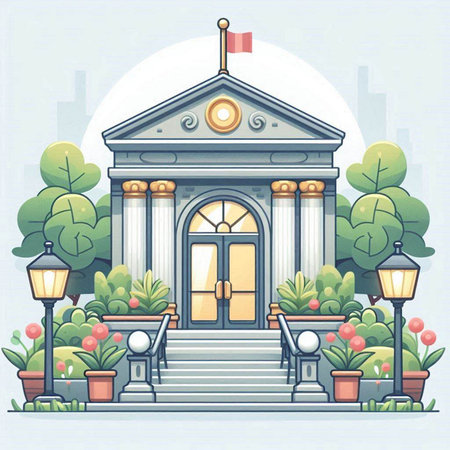Vector illustration of a beautiful building on the background of the city.のイラスト素材