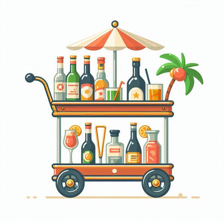 Vector illustration of a cart with bottles of alcoholic beverages and a cocktail umbrella.のイラスト素材