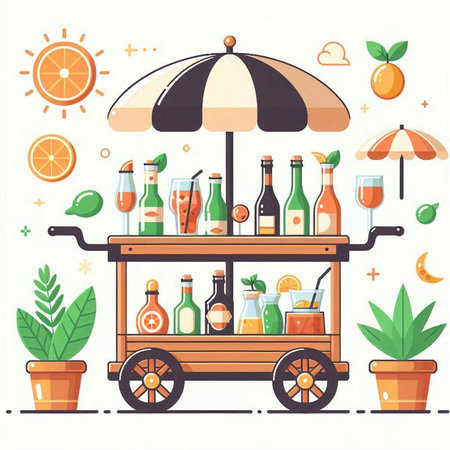 Vector illustration of a street food cart with bottles of alcoholic drinks.のイラスト素材