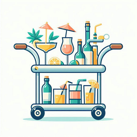 Trolley with drinks and cocktails. Vector illustration in flat style.のイラスト素材