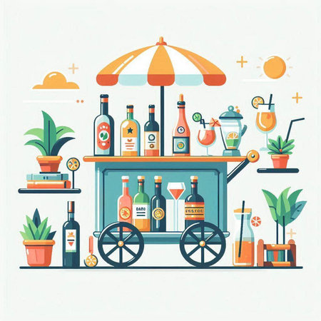 Vector illustration of a street stall with bottles of wine and cocktails.のイラスト素材