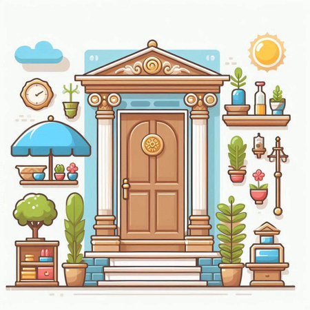 Flat design vector illustration of beautiful old wooden door in the garden.のイラスト素材