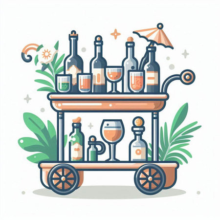 Bottles of wine on a cart. Vector illustration, flat style.のイラスト素材