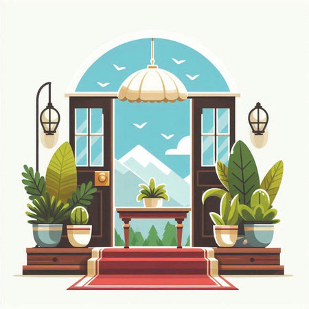 Vector illustration of a room with a view from the window to the mountainsのイラスト素材
