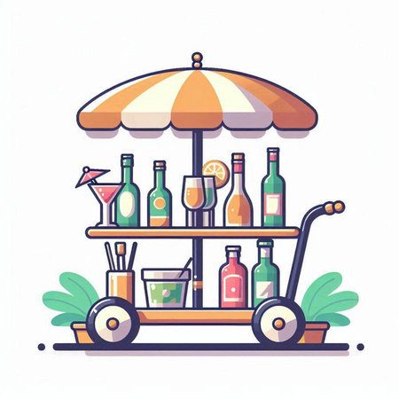 Illustration of a cocktail cart with drinks on a white background.のイラスト素材