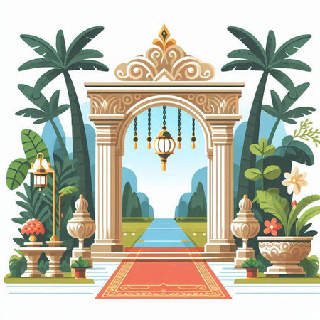 Vector illustration of the entrance to the temple. The gate is decorated with a red carpet.のイラスト素材