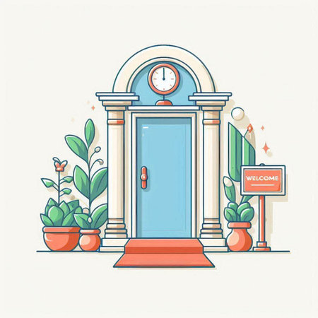 Vector illustration of the entrance to the house with a clock and plants.のイラスト素材