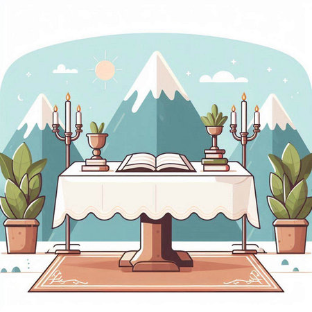 Vector illustration of a table with a book and candlesticks.のイラスト素材