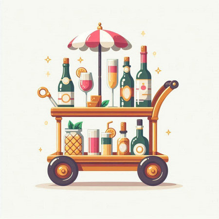 Vector illustration of a cart with bottles of wine, ice cream, champagne and ice cream.のイラスト素材