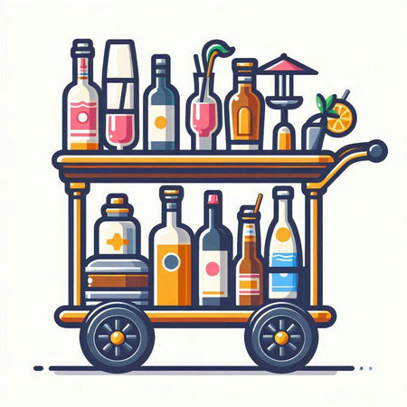 Alcohol drinks on a cart. Vector illustration in flat style.のイラスト素材